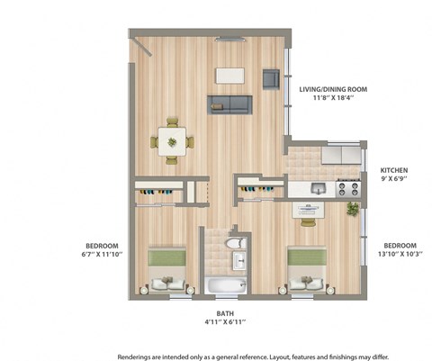 floor plan rendering of a 2 bedroom apartment at shipley park apartments in washington dc